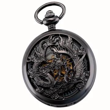 ManChDa Antike mechanische Taschenuhr, Motiv: Drache & Phoenix (Beste Wünsche) Skelett-Zifferblatt mit Kette für Männer und Frauen + Geschenkbox