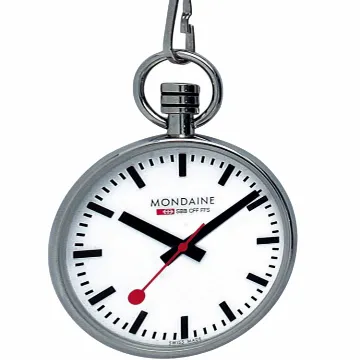 Mondaine - Taschenuhr A660.30316.11SBB 43mm - Bahnhofsuhr Taschenuhr mit Kette rotem Sekundenzeiger - Hergestellt in der Schweiz aus poliertem Edelstahl staubbeständig