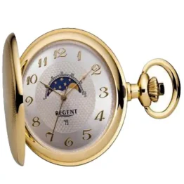 REGENT Herren Taschenuhr Savonnette Klappdeckel 50 MM Quarz Arabische Zahlen Datum Mondphase